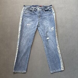 Pilcro Jeans Womens 29 Petite Blue Slim Boyfriend Crop Side Patchwork Distressed